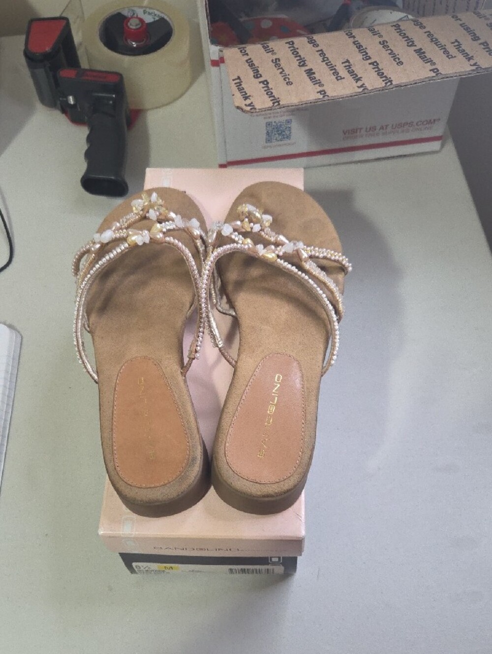 Bandolino Beige Beaded Floral Toe-Post Sandals - Picture 2 of 5
